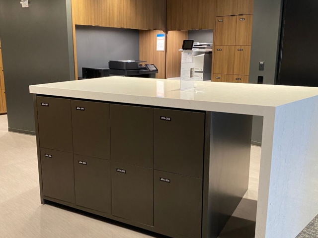 Workplace Locker Island for Personal Storage with Durable Surface Material