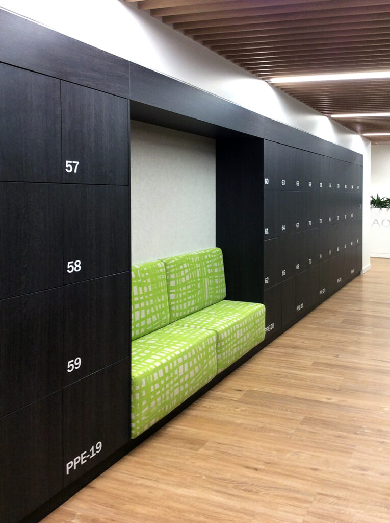 Lockers with integrated seating and networked locks - smart lockers