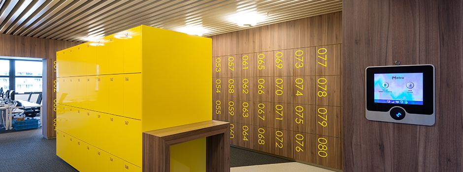 workplace lockers with a wall mounted interface for smart locks