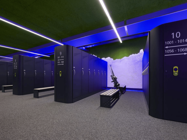 Black ski lockers with dark neon lights